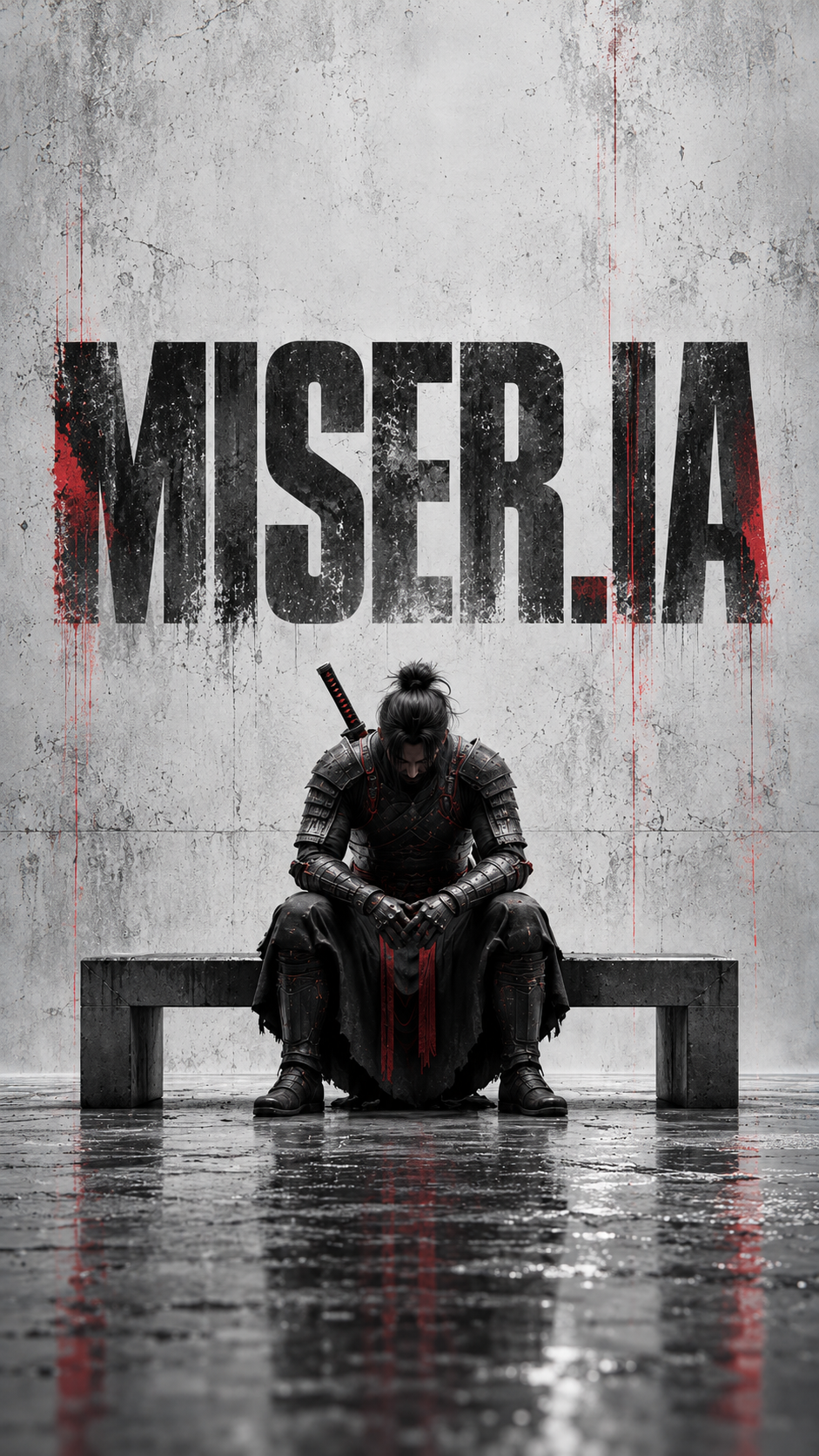 MISER.IA, composición vertical con guerrero samurái futurista sentado ante una pared de concreto